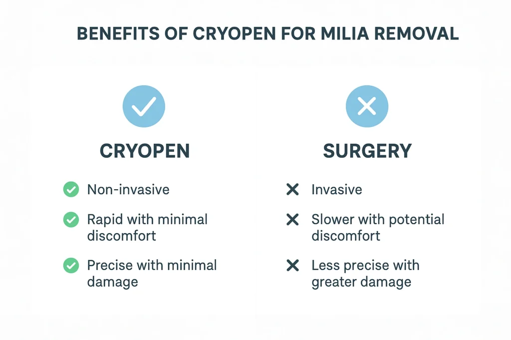 Benefits of cryopen for milia removal Southend-on-Sea compared to surgical treatments.