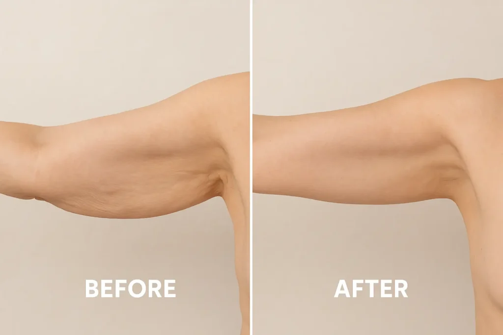 Picture of LA LIPO Southend-on-Sea before and after results of skin tightening treatment on the upper arms.