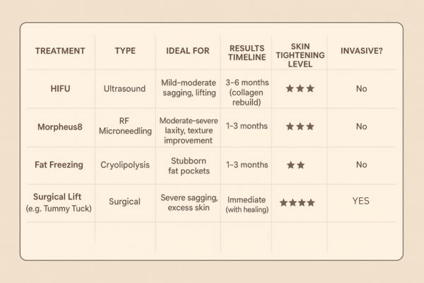 Table showing the comparisons of Skin tightening Southend-on-Sea treatment options.